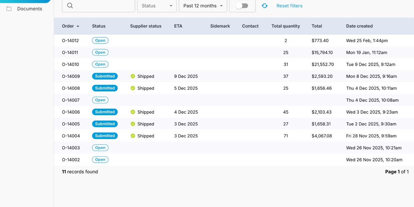 The real Quoterite app: an orders portal where submitted online orders arrive priced, with status, ETA and totals per order